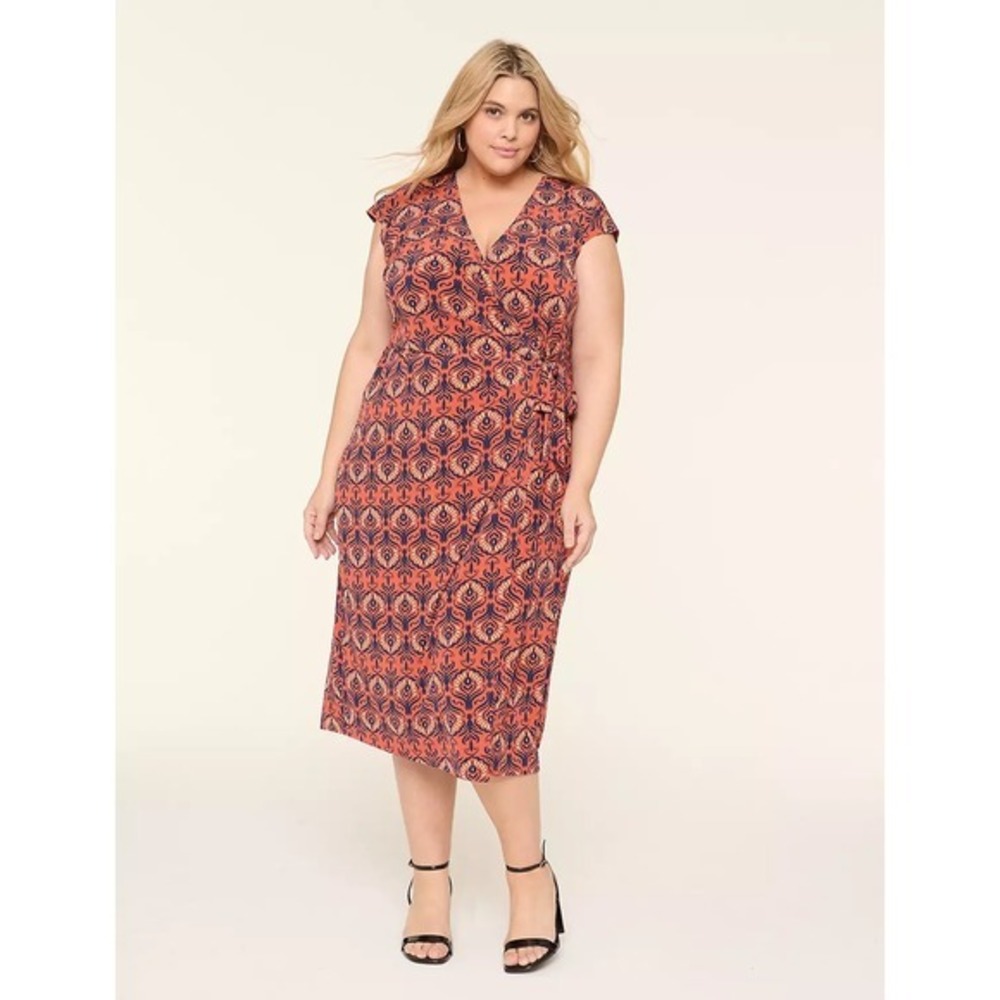Lane Bryant Sally Geo Cap Sleeve Jersey Wrap Dress Rust Orange Navy 26/28P NEW